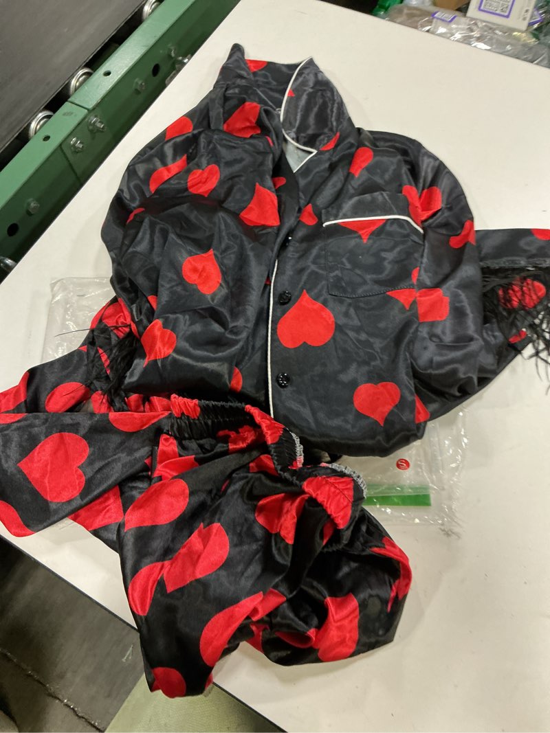 Condition photo showing Good Condition for ROAONOCOMO Women Feather Trim Pajama Set Bow Heart Long Sleeve Shirt Pants Set Cute Holiday 2 Piece Satin Lounge Set Six Heart Red Small