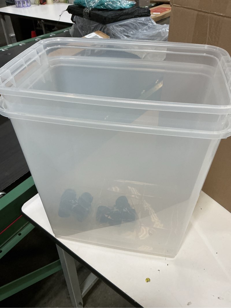 Condition photo showing As Is for iris usa dog food storage container, 2 pack, up to 30 lbs each, airtight seal for freshness, wheels for rolling, easy one hand opening, made in usa, bpa free, clear/black