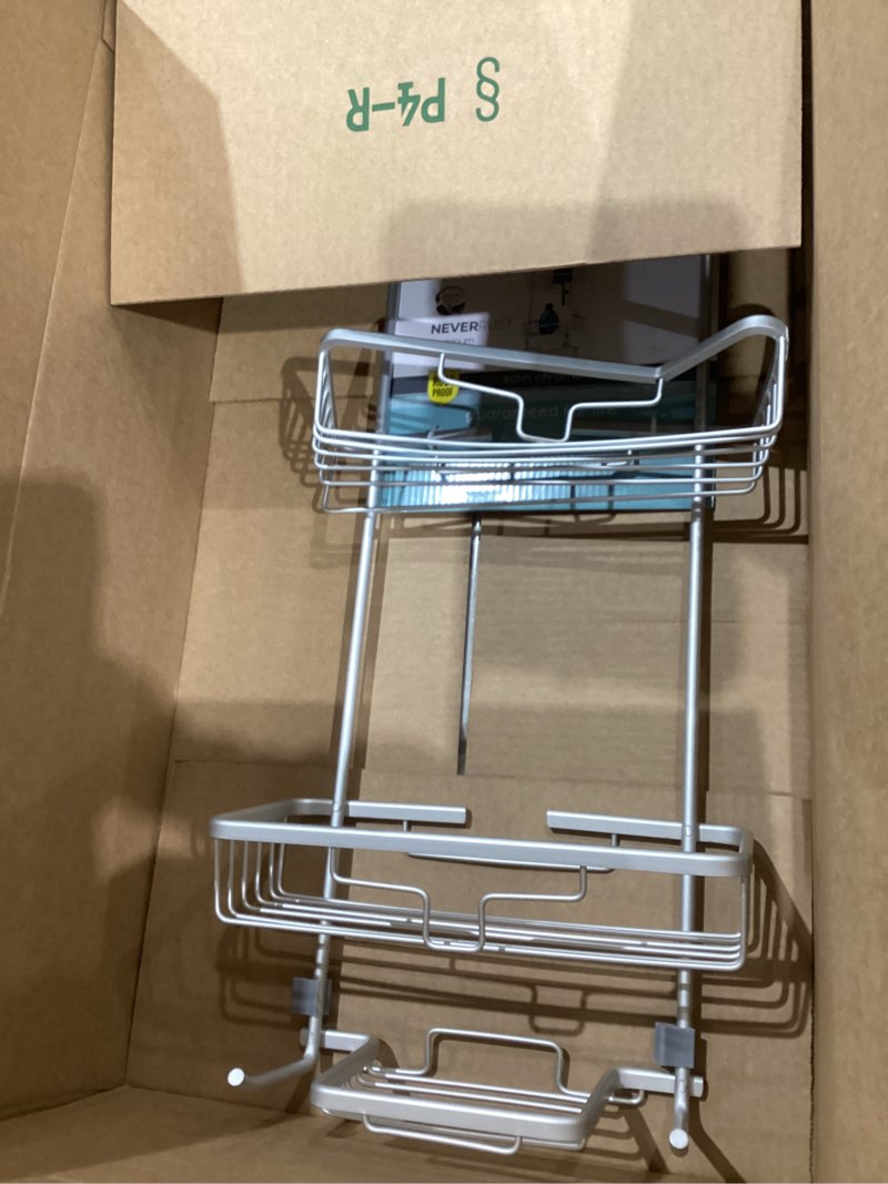 Condition photo showing Good Condition for Zenna Home Rustproof Hanging Shower Caddy, Over the Shower Head Caddy with 2 Shelves and Built In Hooks, Aluminum Bathroom Hanging Organizer, Satin Chrome