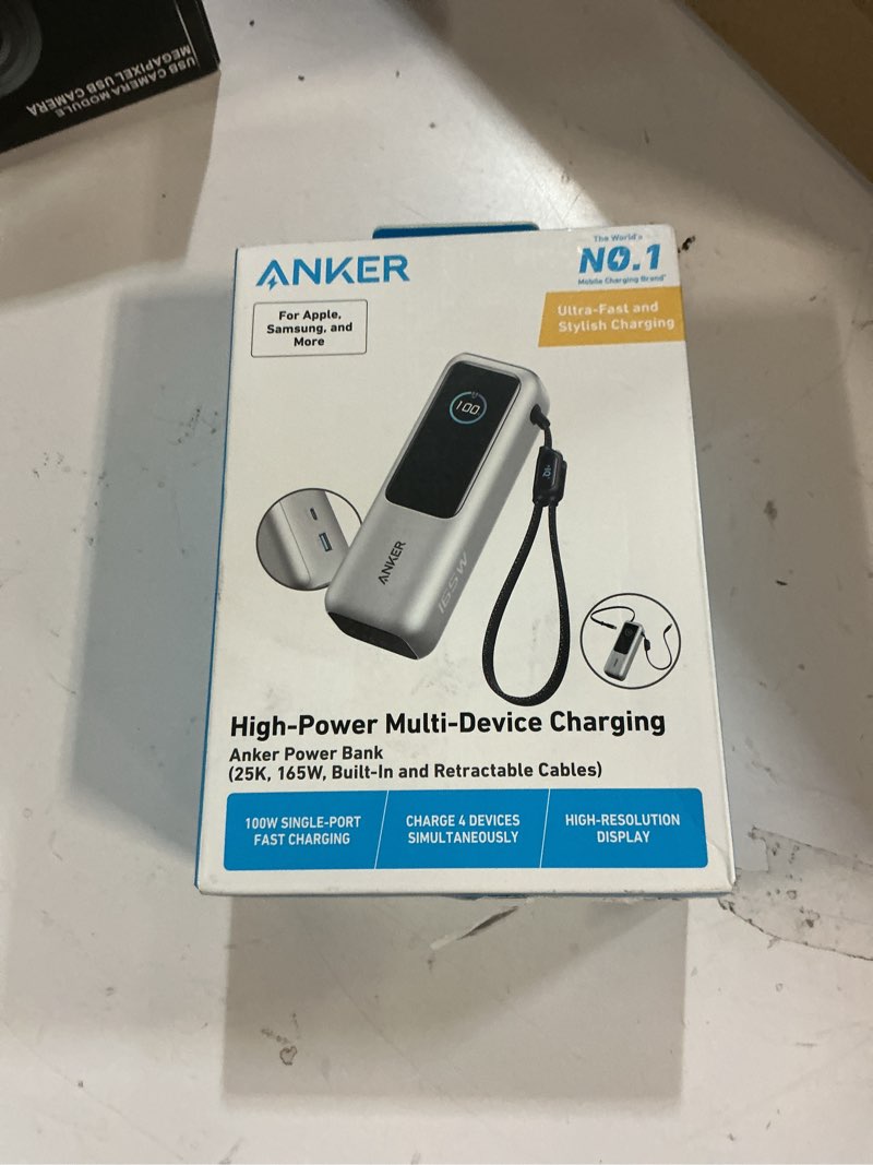 Condition photo showing New/Like New for anker laptop power bank, 25,000mah portable charger with triple 100w usb-c ports, built-in retractable cables, flight-approved for travel, iphone 17/16 series, macbook, samsung, and more silver