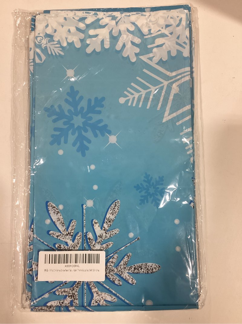 Condition photo showing Good Condition for Ganeen 3 Pcs Christmas Snowflake Tablecloth Blue Snowflake Winter Plastic Disposable Tablecloth Winter Rectangle Table Cover 54x108 Inch for Christmas Holiday Party Supplies Blue Rectangular