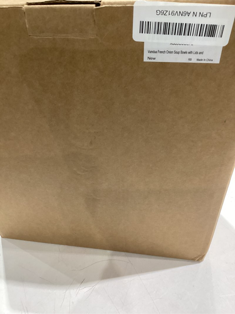 Condition photo showing As Is for French Onion Soup Bowls with Lids and Handles, 16 oz Ceramic French Onion Soup Crocks for Chilli, Cereal, Cereal, Pot Pies, Oven, Broil & Dishwasher Safe, Set of 4 16 oz with Lids