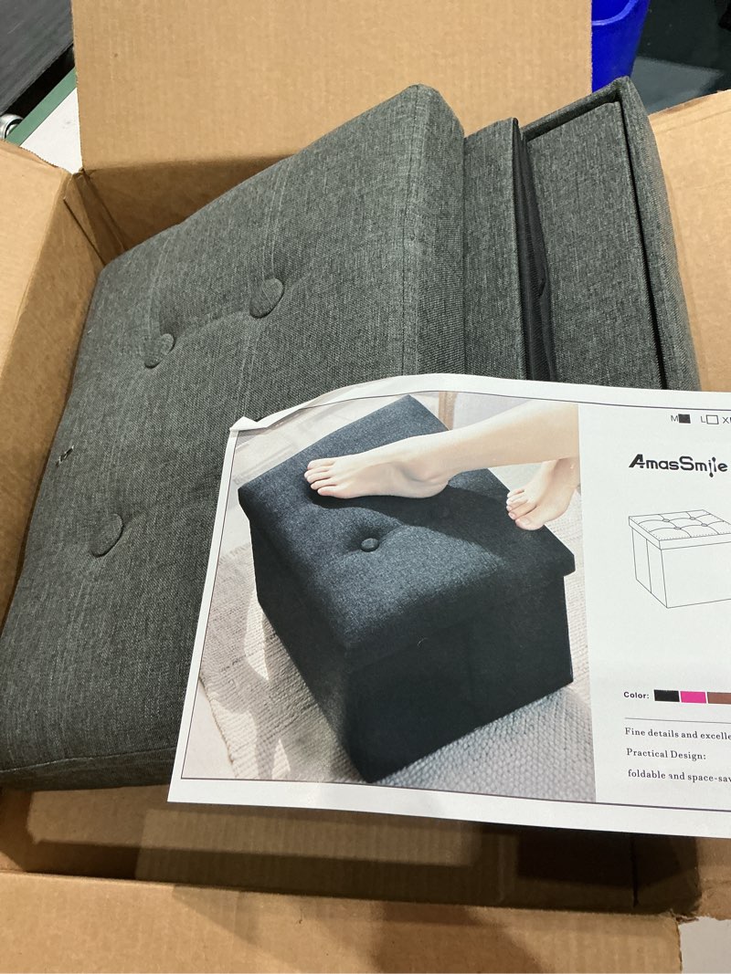 Condition photo showing Good Condition for amassmile® storage ottoman foot rest stool, 17 inch linen footstool bench with four buckles, short ottoman stool, folding storage foot rest store books, records, toys, support 330 lbs, dark grey