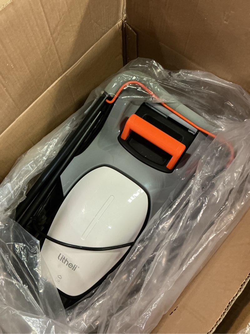 Condition photo showing As Is for litheli 16.5" electric lawn mower cordless, brushless lawnmower with 6-height adjust and 2 x 4.0ah batteries, for garden and yards white 2 battery 16.5 inch