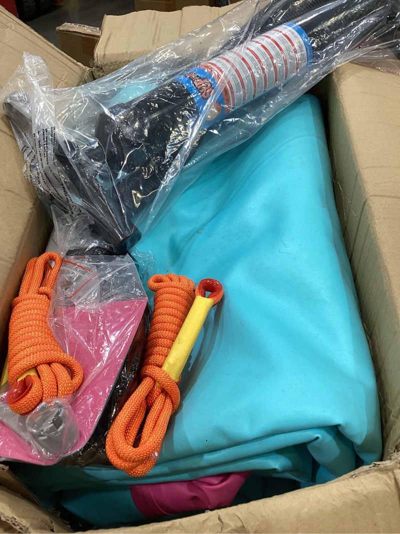 Condition photo showing As Is for inflatable floating dock for lakes, thick and extra wide lake floats for adults, non-slip air dock platform with portable carrying bag, floating platform island for pool beach ocean knockout pink+cyan 8 ft x 6 ft x 6"