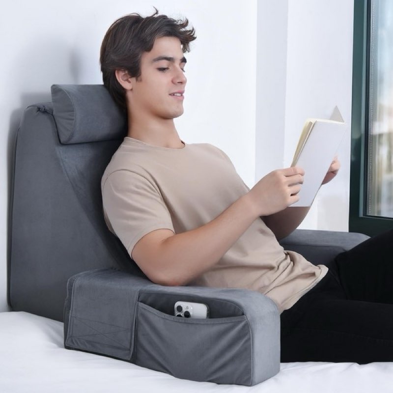 enitya reading pillow with arms for bed support, 21" large back support pillow for sitting up, wedge pillow for reclining, watching tv, reading, gaming, resting in bed, couch or floor, grey