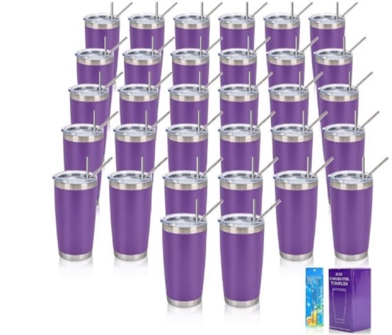 IEOVIEE 32 Pack, 20oz Stainless Steel Bulk Tumblers with Lids and Straws, Double Wall Insulated Trav purple