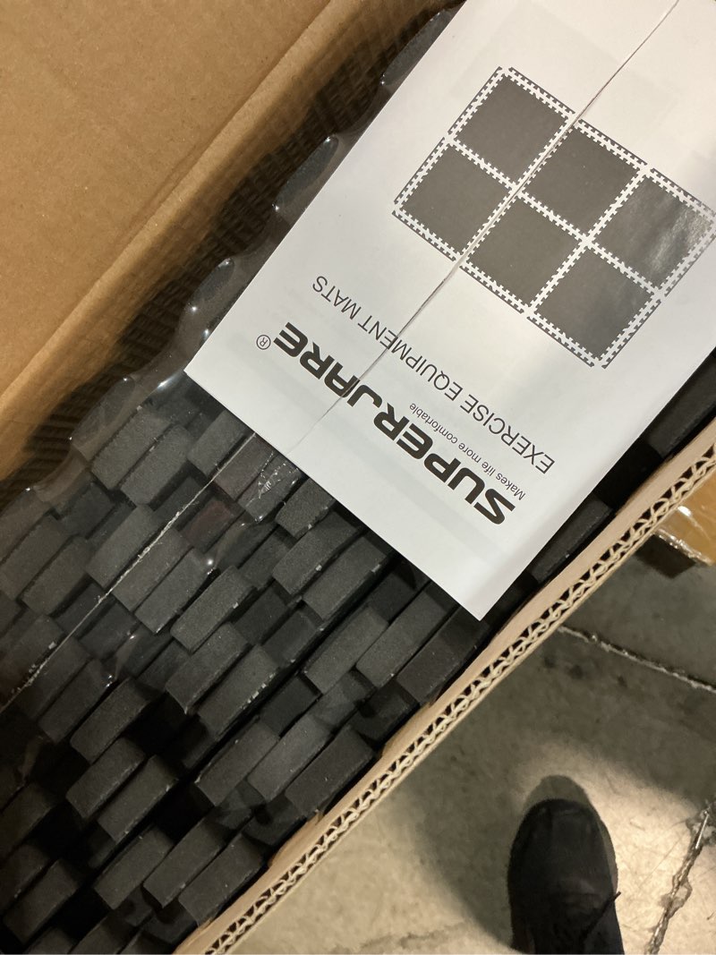 Condition photo showing New/Like New for superjare 0.56'' thick 12 pcs 48 sq ft rubber top exercise equipment mats, high density eva foam mats with rubber top, interlocking gym flooring for home gym, protective workout mat, black/grey 12 tiles (48 sq ft) black/grey