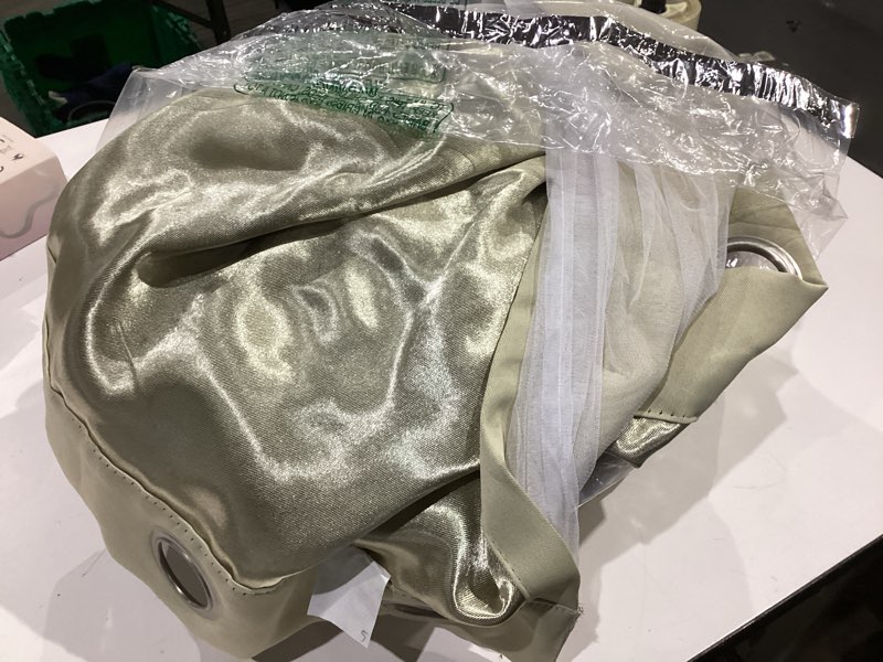 Condition photo showing As Is for town & country luxe talia double layer indoor curtains, sheer and room darkening blackout, grommet top, energy efficient, 2-pack set, 52\\\\\\\"x84\\\\\\\",  52\\\\\\\"w x 84\\\\\\\"l (pack of2) metallic/gold