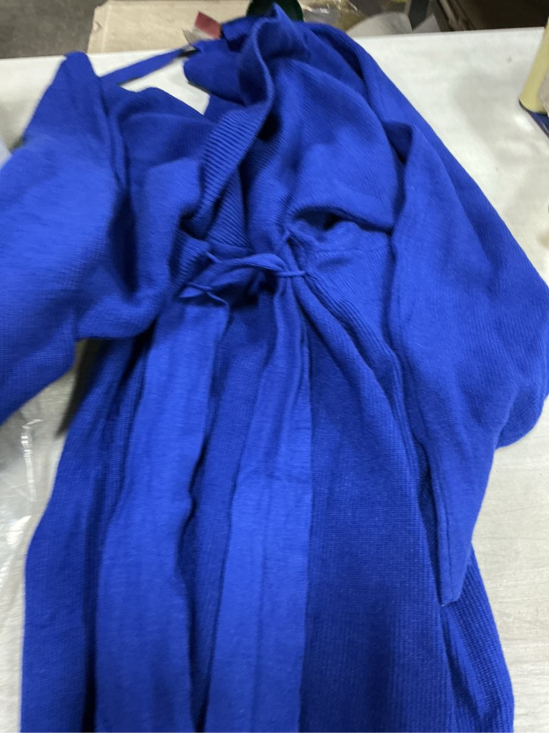 Condition photo showing Good Condition for CHERFLY Women's V Neck Sweater Dresses Batwing Long Sleeve Backless Bodycon Long Dress with Belt Small Watercolor Blue