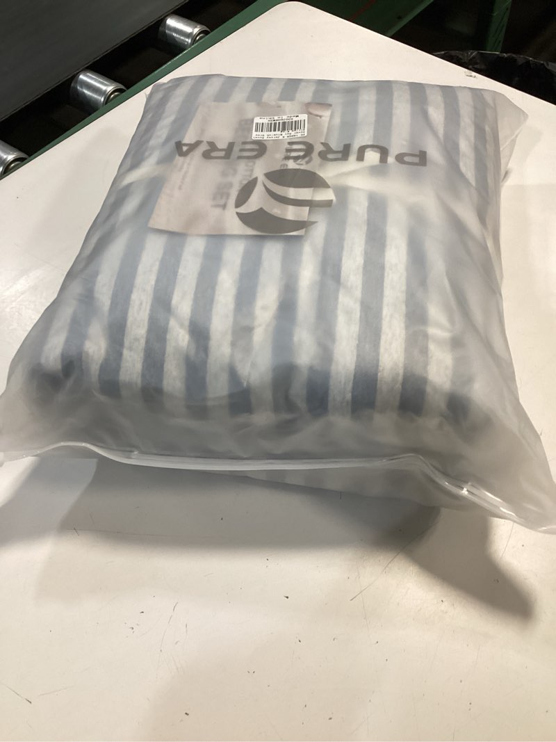 Condition photo showing New/Like New for pure era jersey knit duvet cover set 100% t-shirt heather cotton super soft comfy classic striped design, with zipper closure, heather blueish grey stripe, king blueish grey stripe (no comforter) king