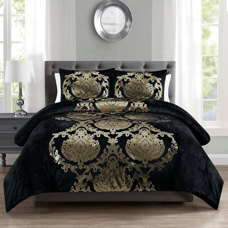 Sunshine Nicole Metallic Print Comforter Set, Distressed Velvet Face with Metallic Foil Print and Br