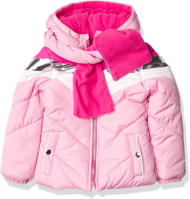 london fog girls' heavyweight expedition jacket, pink bubble with scarf, 10/12