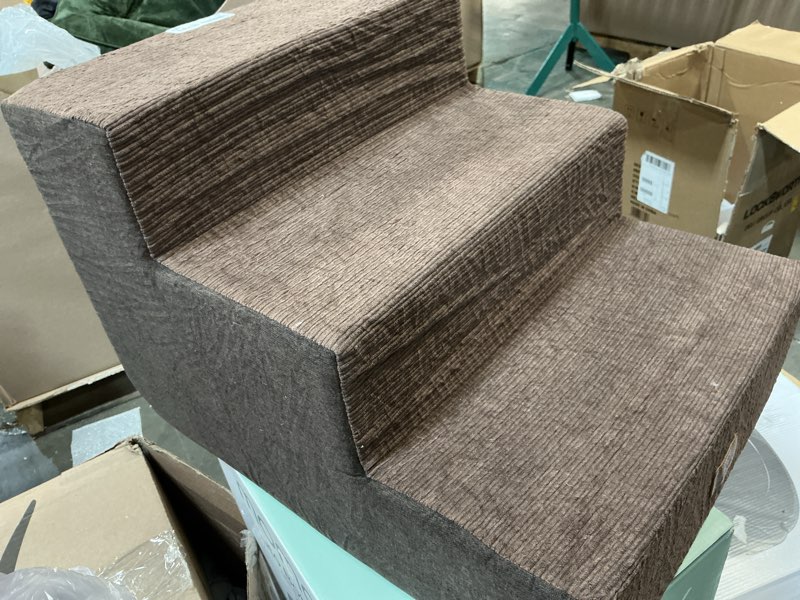 Condition photo showing As Is for Best Pet Supplies Dog Stairs & Steps - Foam Steps for Small Dogs & Cats, Non-Slip Indoor Balanced Pet Step Support, Dog Ramp, No Assembly, Brown Linen, 3-Step (13.5-inch Height (Similar to the stock photo)