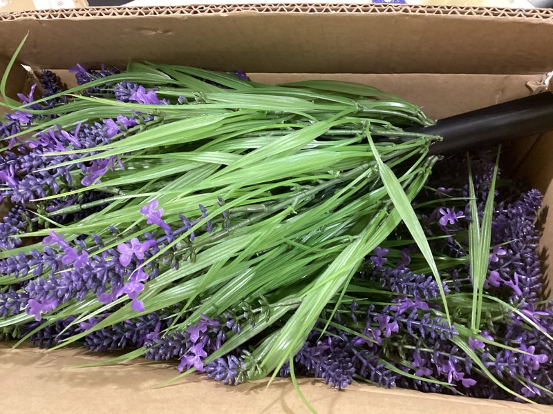 Condition photo showing Good Condition for 2 pack artificial lavender topiary ball trees with four prong ground spike, 23" faux lavender plants uv resistant shrubs fake brushes with grass for front porch garden patio decor