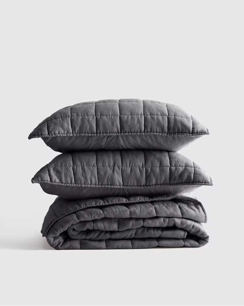 ((size king))quince european linen box quilt set color:charcoal