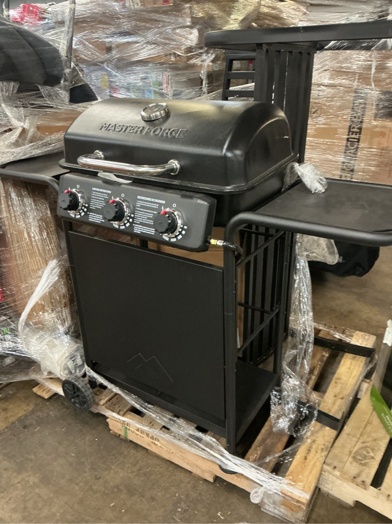 Condition photo showing As Is for master forge large 550-sq.in black 3 -burner liquid propane gas grill