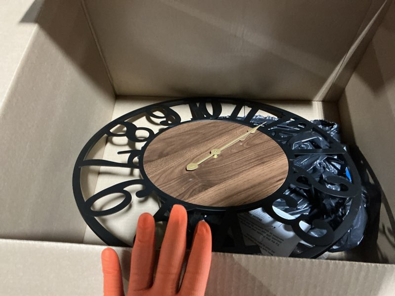 Condition photo showing As Is for vantic 24 inch large wall clock, arabic numeral wood oversized wall clocks for living room decor, farmhouse, bedroom and kitchen, completely silent, non ticking, battery operated black-ironwood-arabic 24 inch