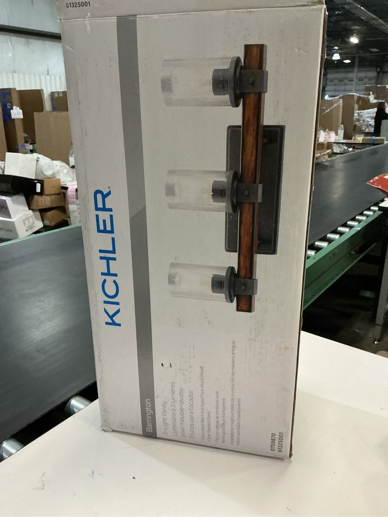 Condition photo showing Good Condition for kichler shae 24.25" 3-light vanity light with white opal glass in brushed nickel, for bathroom vanity, powder room, over a mirror, (24.25" w x 9" h), 55202ni 3 light brushed nickel