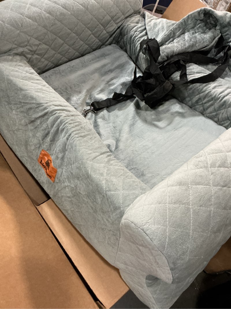 Condition photo showing Good Condition for dog car seat for medium/large dogs up to 60 lbs, memory foam dog booster seat with thick cushion, pet car seat for back with detachable washable cover, storage pockets for suv, pick up, trunk, grey