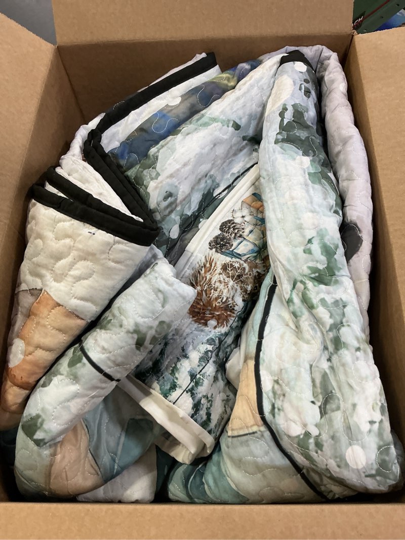 Condition photo showing As Is for Twin Quilt Sets with 2 Pillow Shams, Christmas Snowman Lightweight Summer Quilts Twin Size, Xmas Tree Birds Snowflake Vintage Wooden Bedspreads Coverlet Bedding Set 3 Pieces for All Seasons Twin-68"x86" Blue