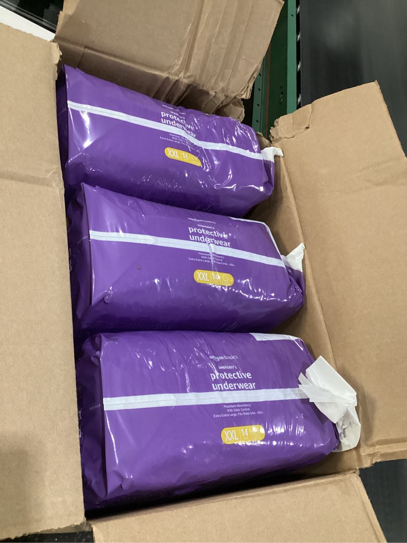 Condition photo showing Good Condition for Amazon Basics Incontinence Underwear for Women, Protective, Disposable, Postpartum, Maximum Absorbency, XX-Large, Lavender, 14 Count, 3 Packs