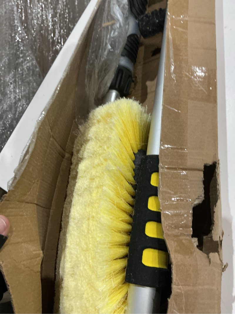 Condition photo showing As Is for 12ft car wash brush with long handle, telescopic car wash brush with soap dispenser, 12-inch soft bristle car cleaning brush for cleaning car, rv, truck, boat, solar panels, yellow 12ft yellow