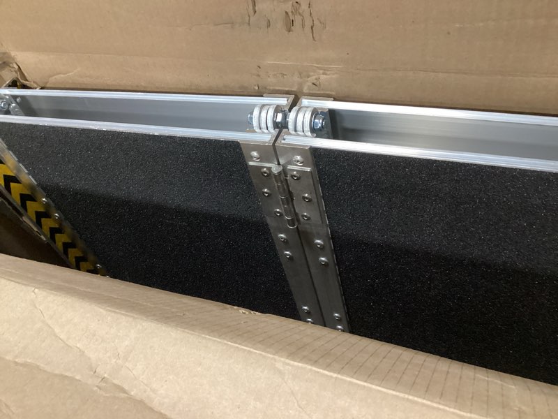 Condition photo showing As Is for portable wheelchair ramp 4ft, 48" l x 29" w non-skid aluminum foldable handicap ramps for steps, 600lbs capacity threshold ramps, lightweight with handle, for home, stairs, doorways, curbs