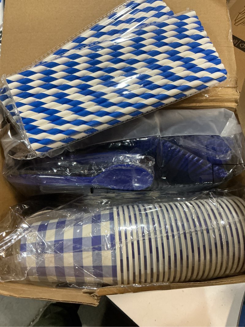 Condition photo showing New/Like New for funnymoom 452 pcs blue gingham party supplies for 50, dark blue and white gingham checkered paper plates napkins cups tablecloth cutlery straws for birthday family picnic barbecue party decoration