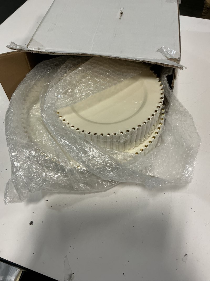 Condition photo showing New/Like New for EI 60pcs Beige Plastic Plates with Gold Rim,Ivory Disposable Plates,Heavy Duty Fancy Plastic Plate for Party,Wedding,Birthday Beige and Gold Plastic Plates