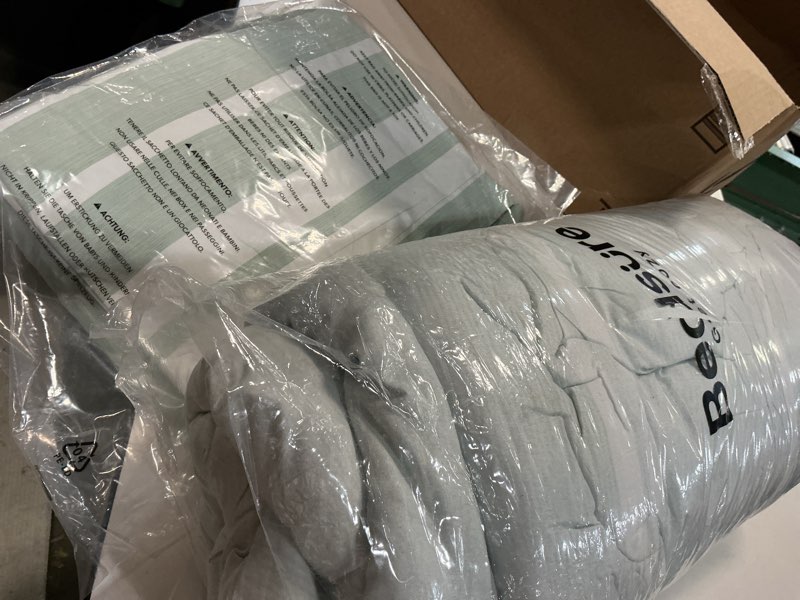 Condition photo showing Good Condition for bedsure queen comforter set 7 pieces, sage green striped bedding set for all seasons, reversible, cationic dyeing bed in a bag with comforter, sheets, pillowcases & shams 03 - sage green queen