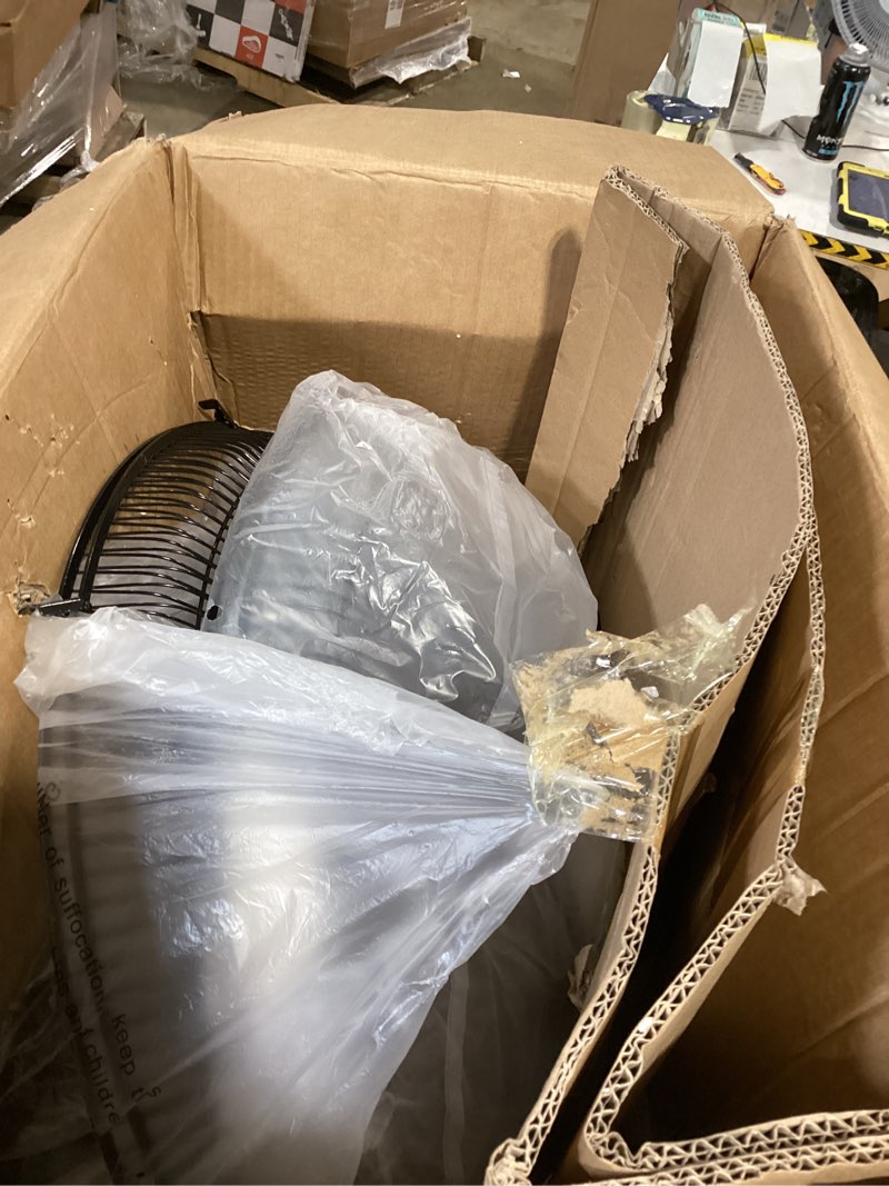 Condition photo showing As Is for vevor floor fan, 3 speeds high velocity heavy duty 20 inch industrial fan, 4800 cfm 360° adjustable tilt 21.33 ft/sec airflow large metal fan, for home, gym, office, garage, commercial shop & bedroom 20in