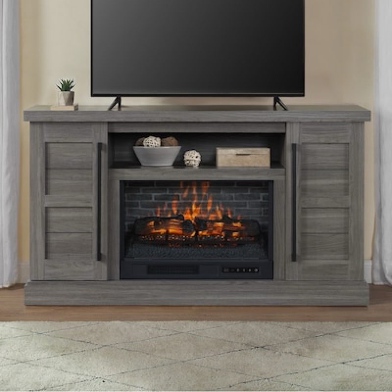 allen + roth 58-in w gray tv stand with infrared quartz flat wall electric fireplace with remote