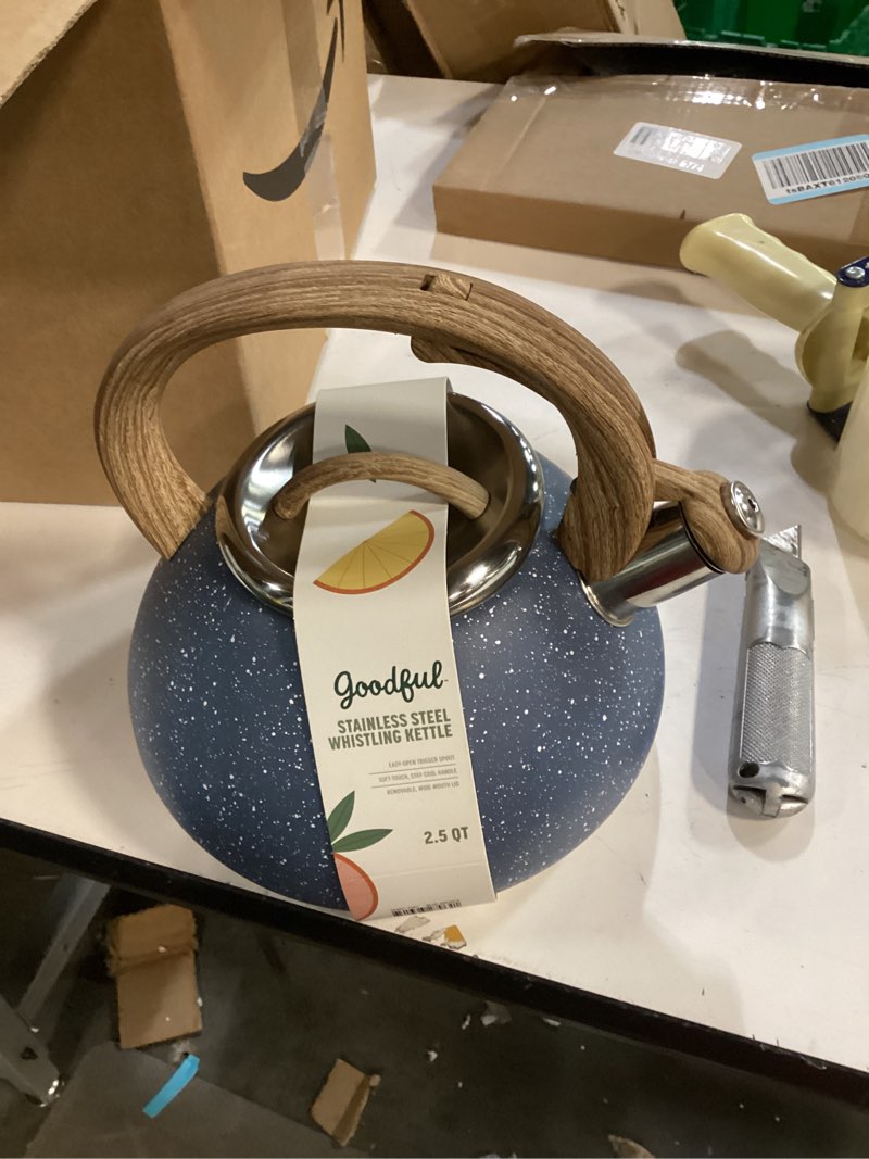 Condition photo showing New/Like New for goodful stainless steel whistling tea kettle for stovetop, trigger spout, wood-look handle, 2.5 quarts, blue speckle