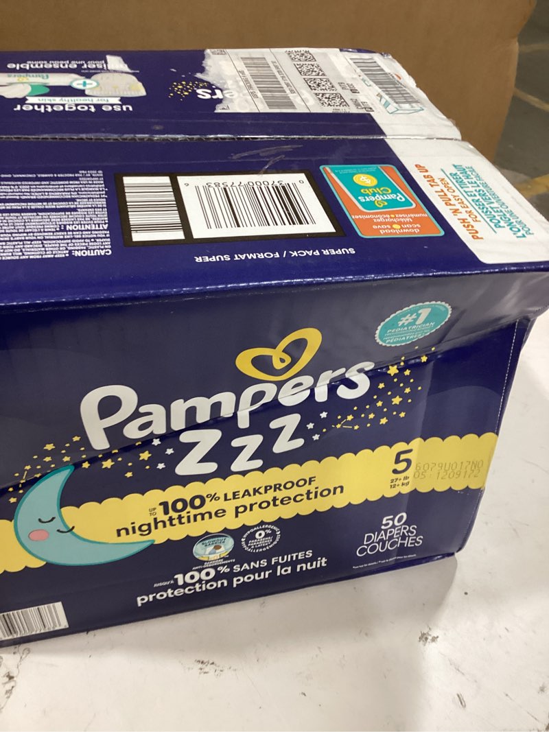 Condition photo showing New/Like New for pampers zzz overnight diapers, size 5 (27+ lbs), 50 count, nighttime protection disposable baby diaper, night time leak and skin protection size 5 50
