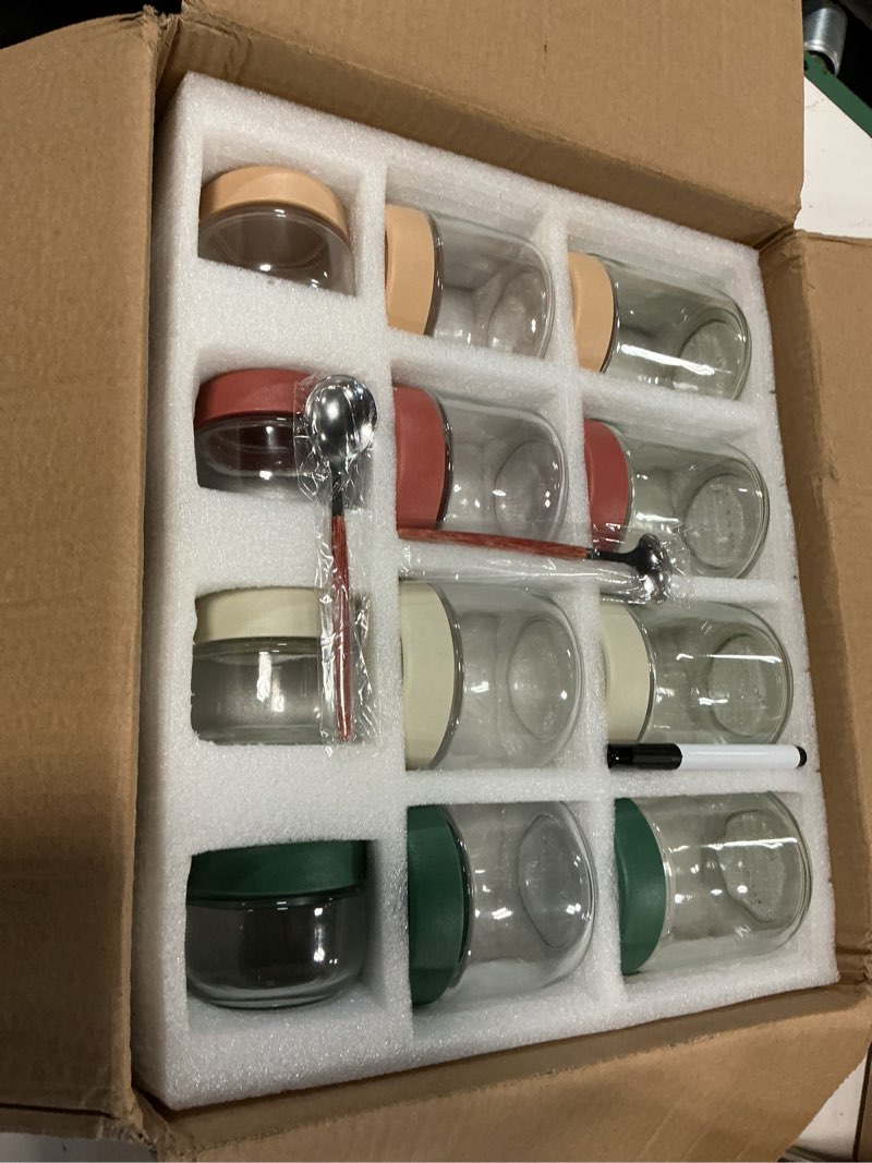 Condition photo showing New/Like New for agotglmi glass jars with airtight lids, overnight oats containers set of 8(16oz & 8oz), wide mouth mason jars for meal prep, salad, snack, food storage, bathroom organizer & diy crafts with 2 spoons
