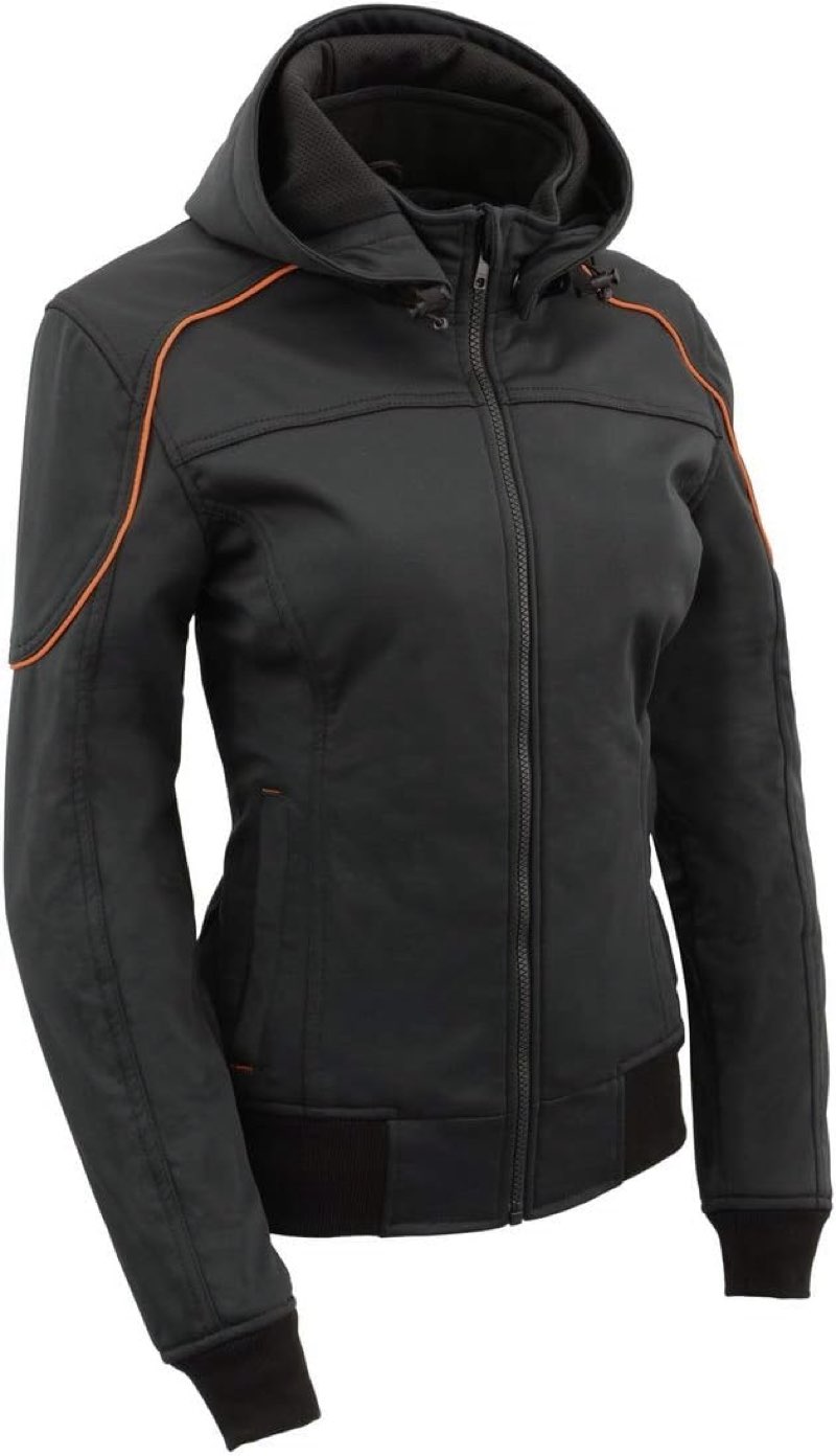 (size m ) milwaukee leather mpl2764 women's black soft shell armored motorcycle racing style jacket with hoodi