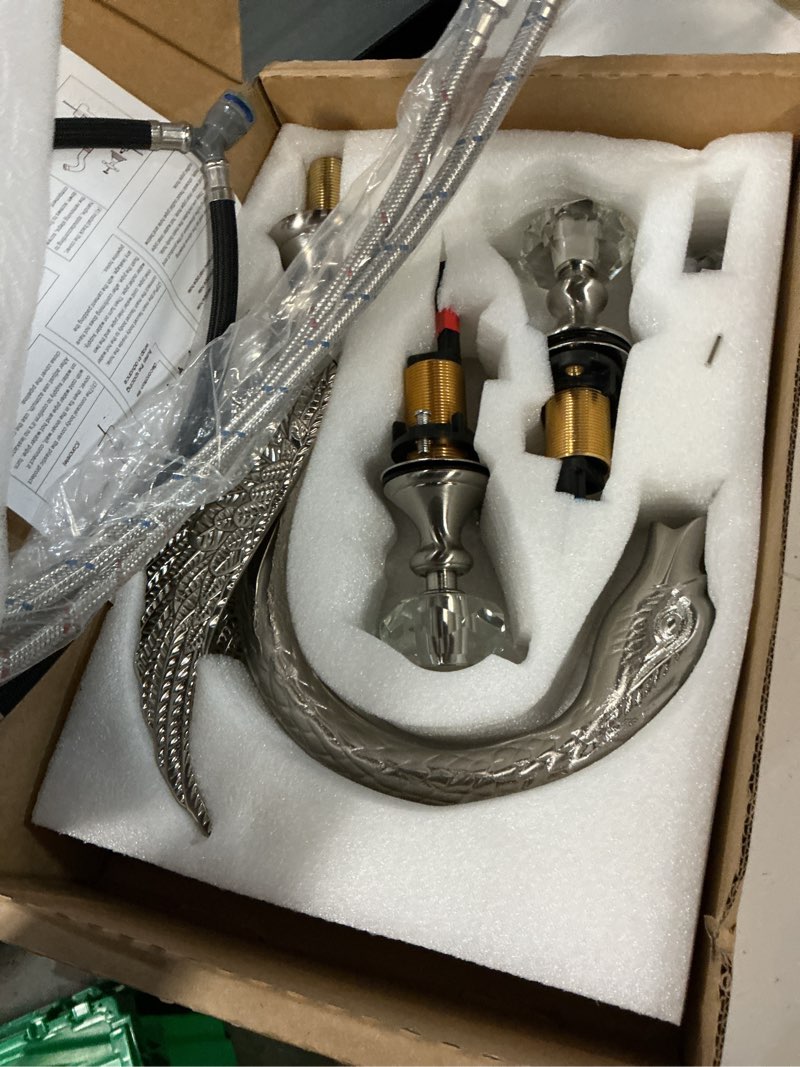 Condition photo showing New/Like New for Polished Brushed Swan Shaped 3 Hole Lavatory Faucet with 2 Crystal Knobs,Widespread Bathroom Faucet Swan Design
