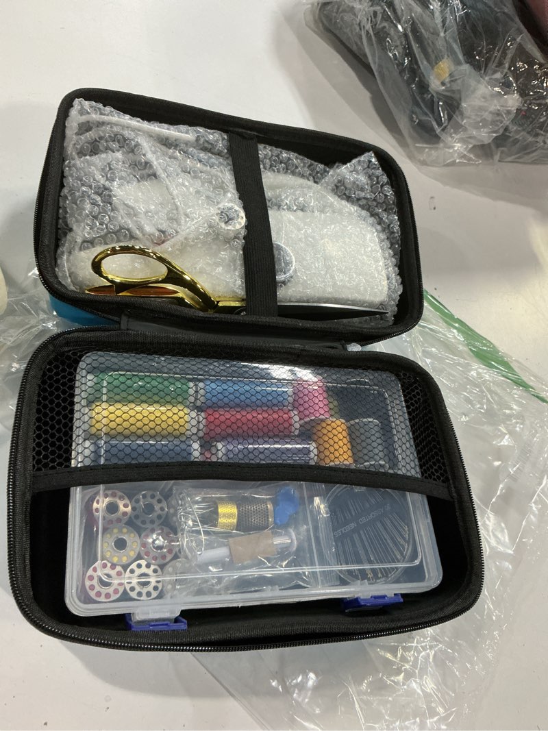 Condition photo showing New/Like New for handheld sewing machine heavy duty, with blue leather storage case and 110-piece sewing kit, mini portable, ideal for adults & beginners, complete set of quick home clothing repair tools, good gift black