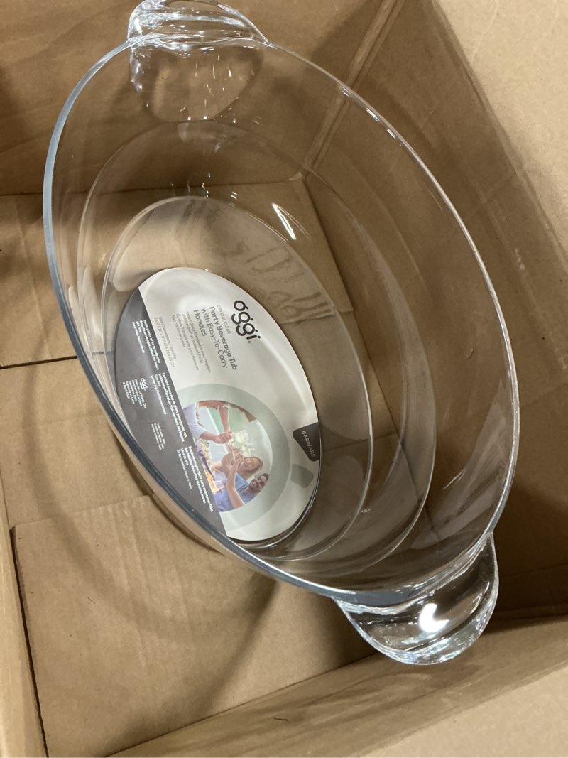 Condition photo showing Good Condition for Oggi Acrylic Oval Party Tub - Clear Beverage Cooler w/Handles, Wine Cooler, Beer Chiller, Ideal Party Tubs for Drinks, Use Ice Tub for Indoor or Outdoor Bars, 18.5" x 11" Oval Party Tub 18.5-Inch by 11-Inch