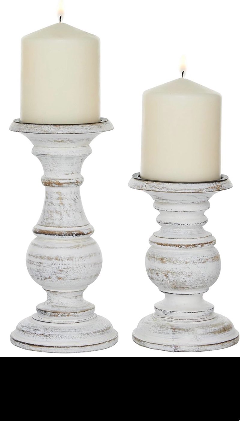 deco 79 mango wood decorative candle holder turned style pillar candle stand, set of  2 candlestick holder 10\", 8\", 6”h, white 10\", 8\", 6\" white