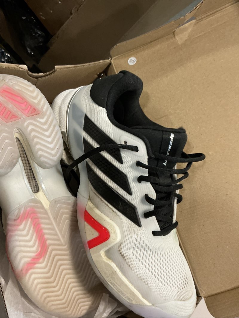Condition photo showing As Is for adidas men's barricade 14 tennis 10 white/black/lucid red