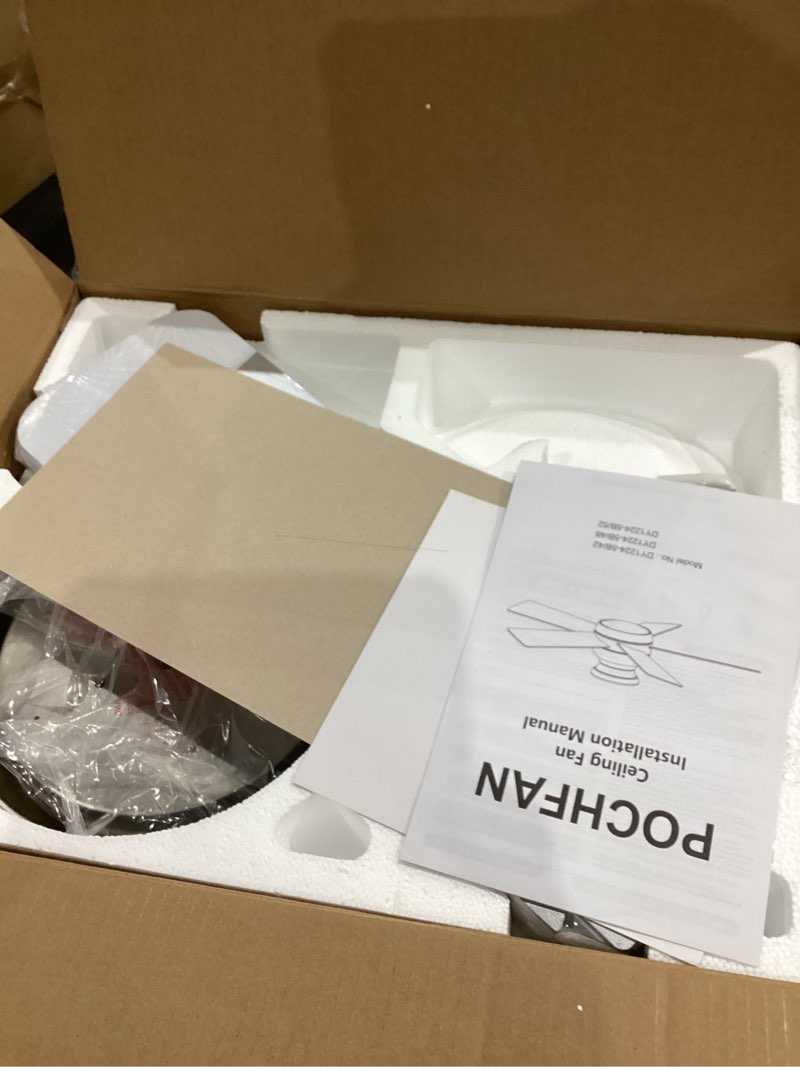 Condition photo showing Good Condition for 42 Inch Brushed Nickel Ceiling Fans with Lights and Remote, LED Low Profile Flush Mount Ceiling Fan for Bedroom, Living Room, Patio, Quiet DC Motor, 5 Blades Brushed Nickel 42 Inch