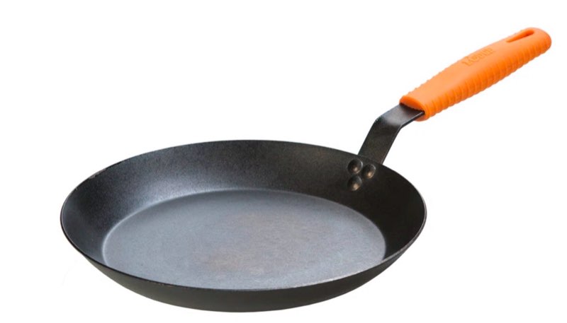 12 Inch Seasoned Carbon Steel Skillet With Orange Silicone Handle Holder