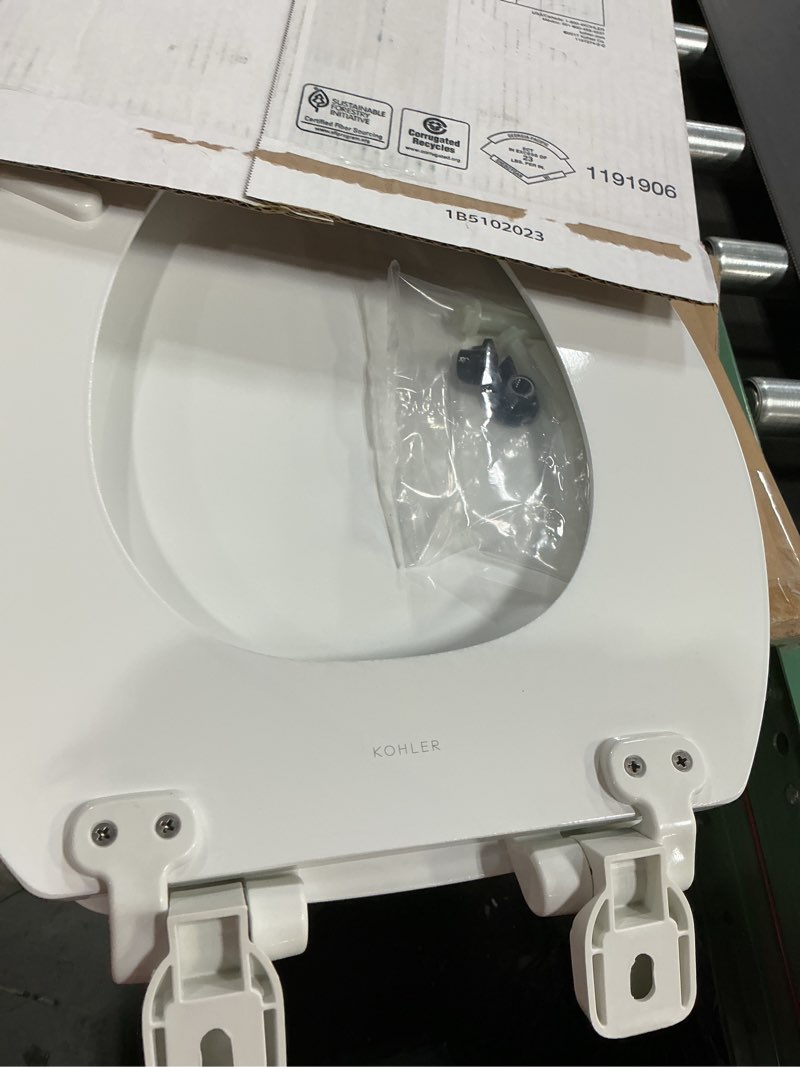 Condition photo showing New/Like New for KOHLER Stonewood Quiet-Close, Elongated Toilet Seat Soft Close, Durable Wood, Easy Installation, Universal Fit, Home Essentials, White Finish, K-20466-0 Elongated White