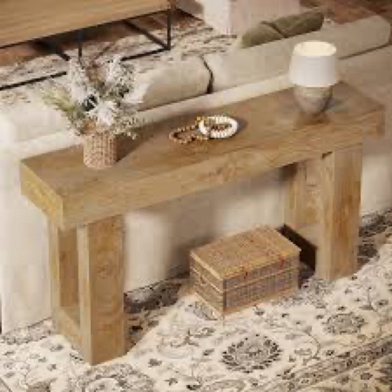 63" console table, farmhouse entryway table, narrow wood sofa table for living room, foyer table base color: light brown, table top color: light brown