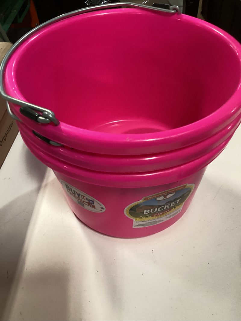 Condition photo showing New/Like New for pack of 3 little giant® plastic animal feed bucket | round plastic feed bucket with metal handle | made in usa | 8 quarts | hot pink