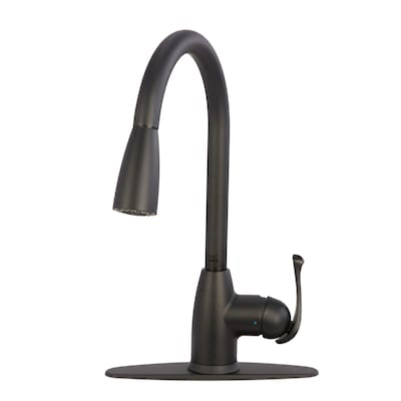 project source tucker matte black single handle deck-mount pull-down kitchen faucet with sprayer (includes deck plate)