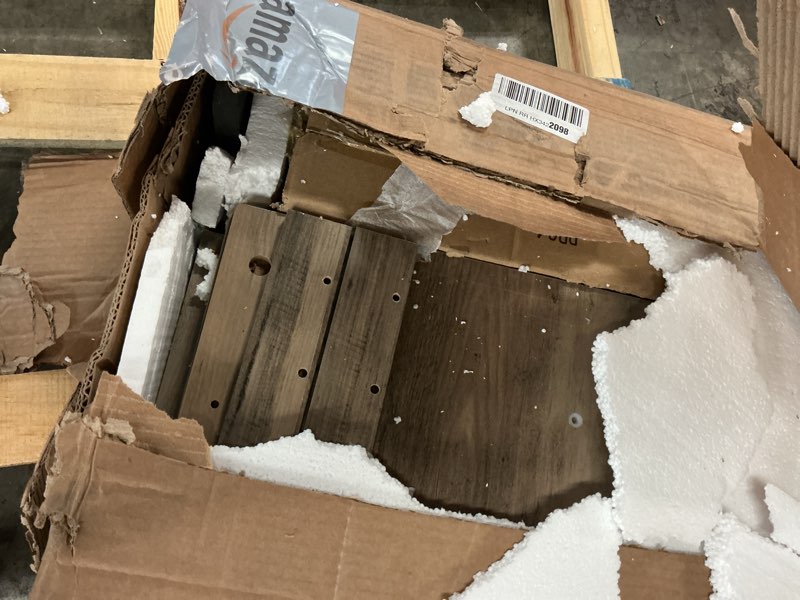 Condition photo showing As Is for Farmhouse L Shaped Executive Desk with 4 Drawers, Home Office Desk with Hidden Under-Desk Storage Shelf and Charging Station, File Cabinet Storage, Wood Corner Computer Desk for Work and Study(Grey)