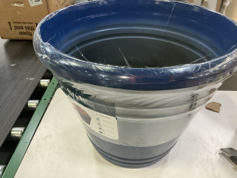 Condition photo showing Good Condition for  Style Selections Round 11.14-in W x 11.14-in L Blue Recycled plastic Indoor/Outdoor Planter